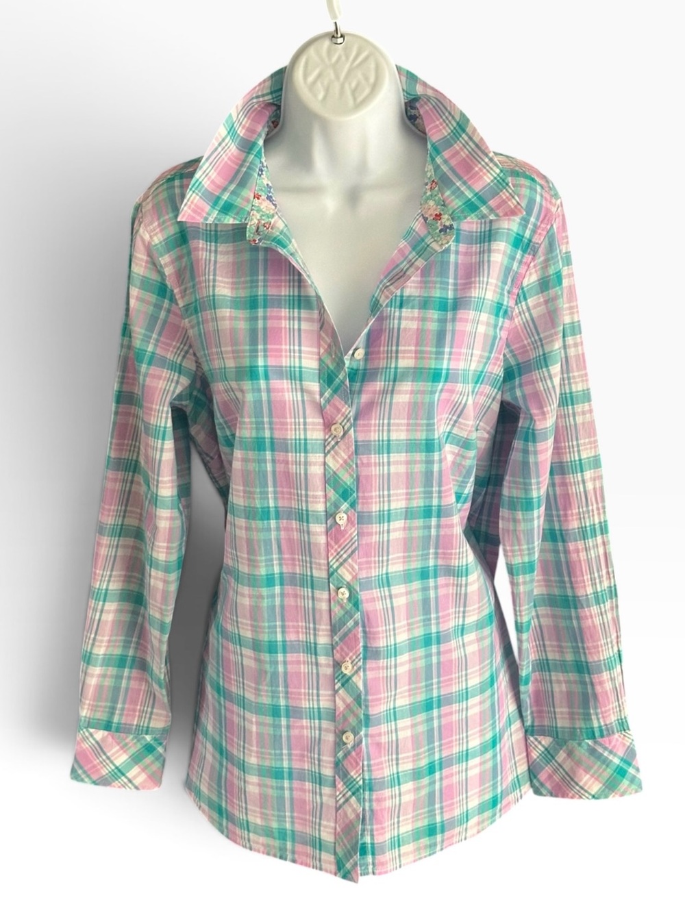 Talbots | Plaids Button-Up Shirt in Pink & Teal Sz L EUC - Picture 3 of 10